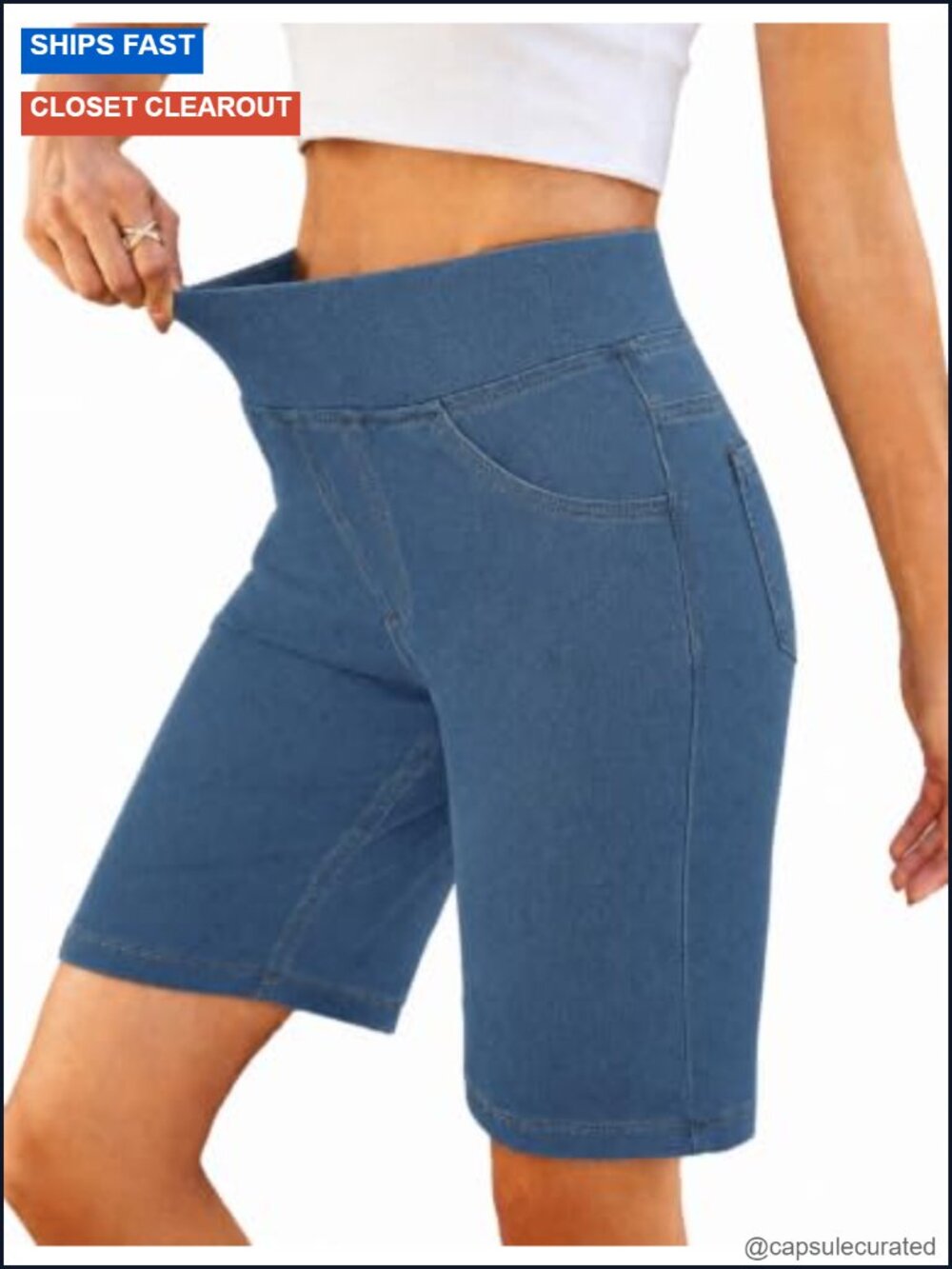 High Rise Stretch Bermuda Jean Shorts Pull On Denim Casual